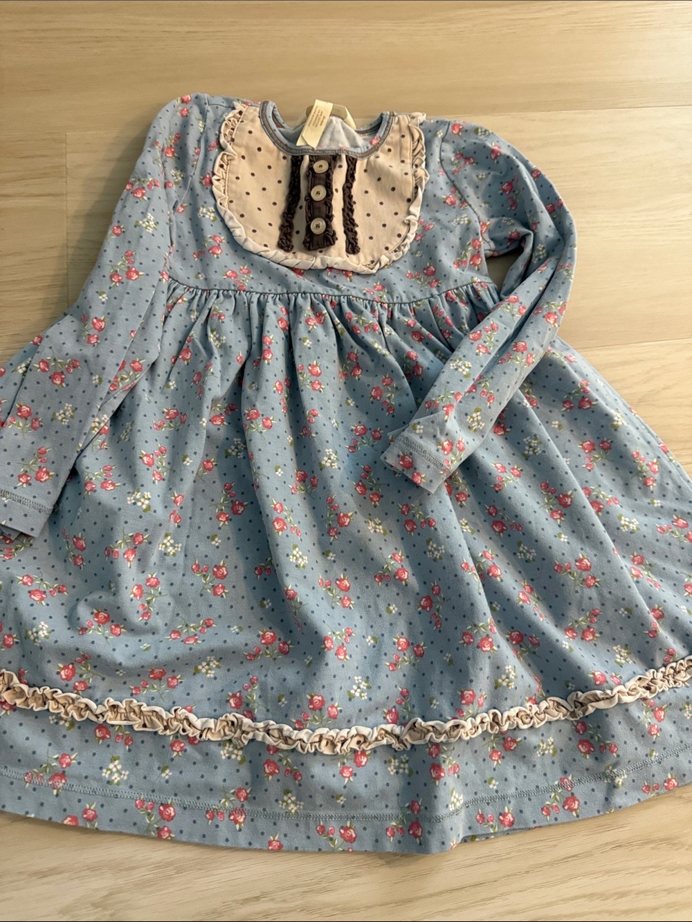 Matilda Jane Light Blue Floral Long-Sleeve Dress with Beige Lace Bib